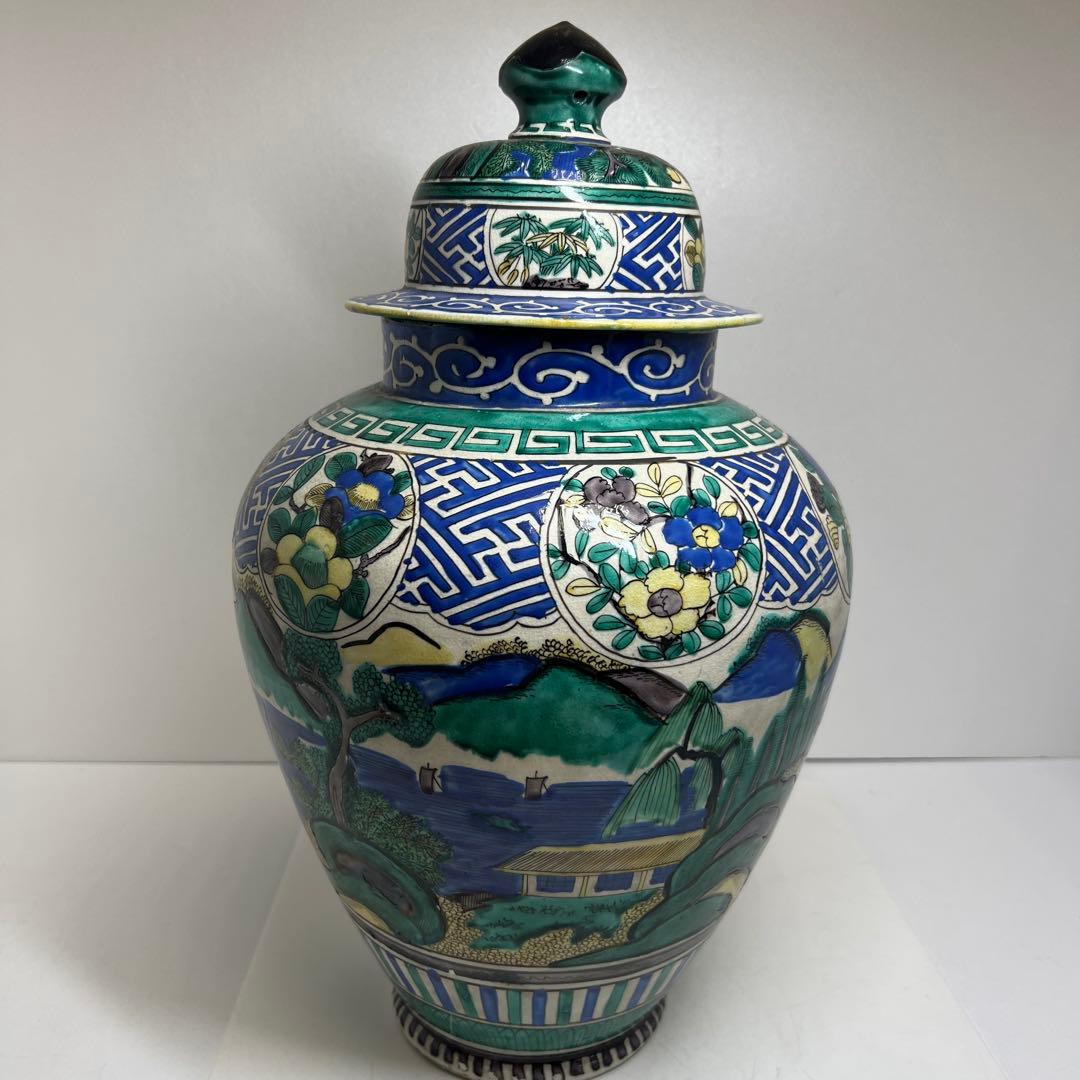 江戸後期　青九谷　特大沈香壷　木箱付　高さ約45㎝　東Y7-1209☆2Fタルサ