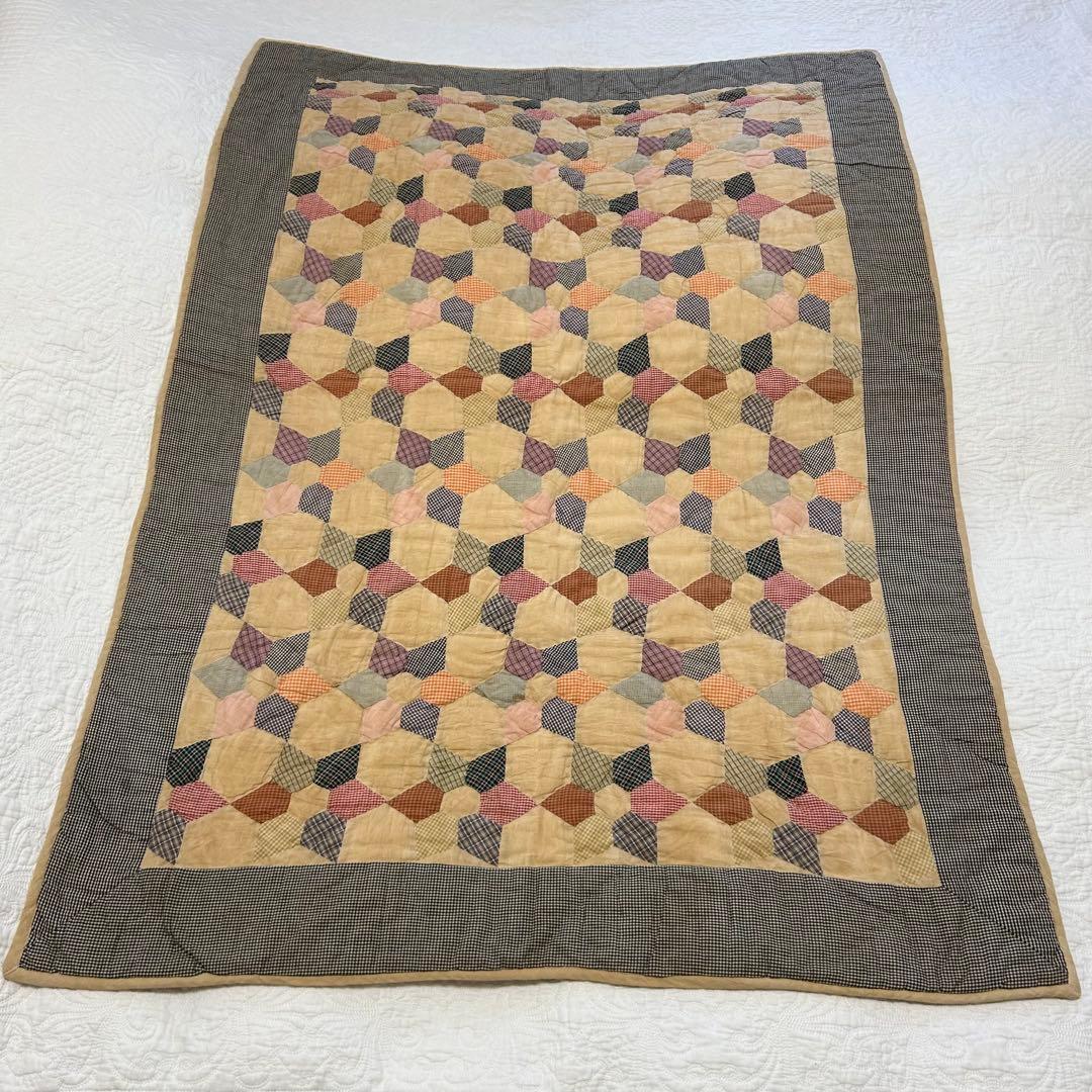 美品【アンティーク コットンキルト長方形】六角形パッチワーク【プレ付】アメリカン