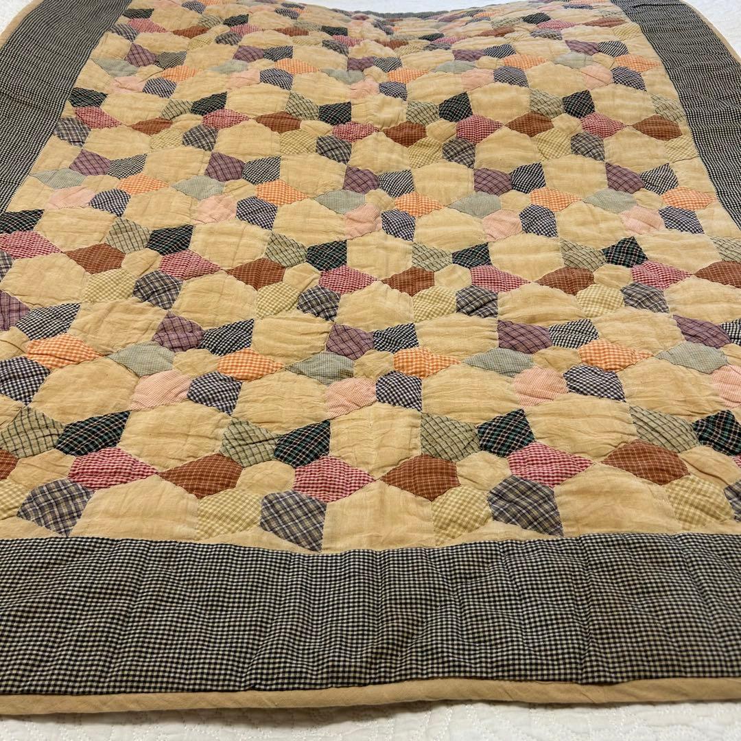 美品【アンティーク コットンキルト長方形】六角形パッチワーク【プレ付】アメリカン