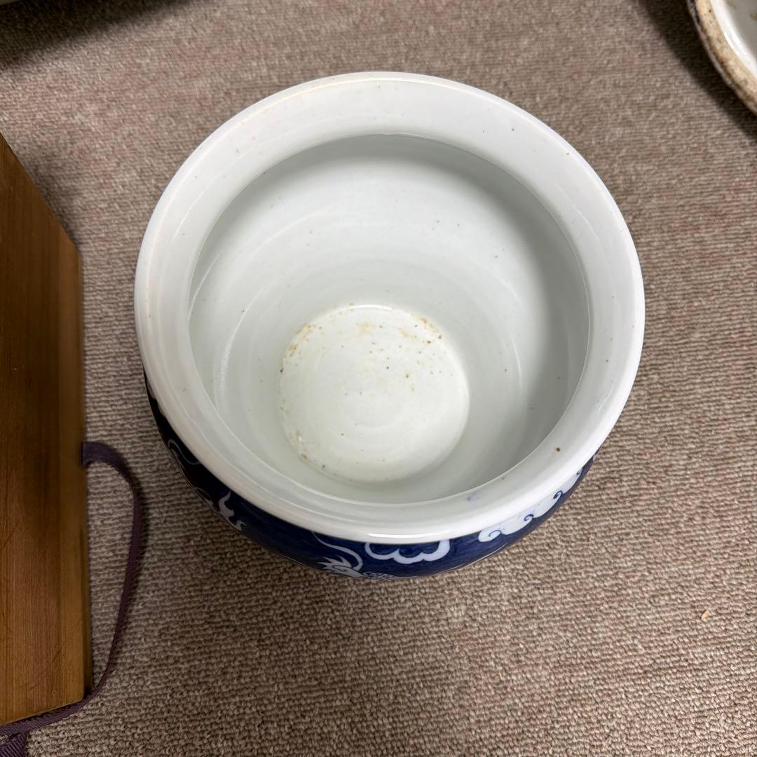 蓋付き陶器容器 青白雲模様 木箱付き　水差し　染付　龍　中国　骨董品