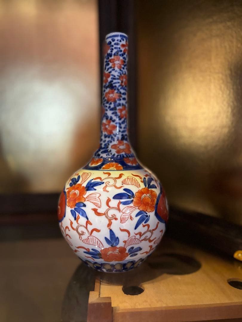 古伊万里　色絵　鶴首　赤絵草花図　徳利　花入　花器 花瓶 花生 古美術