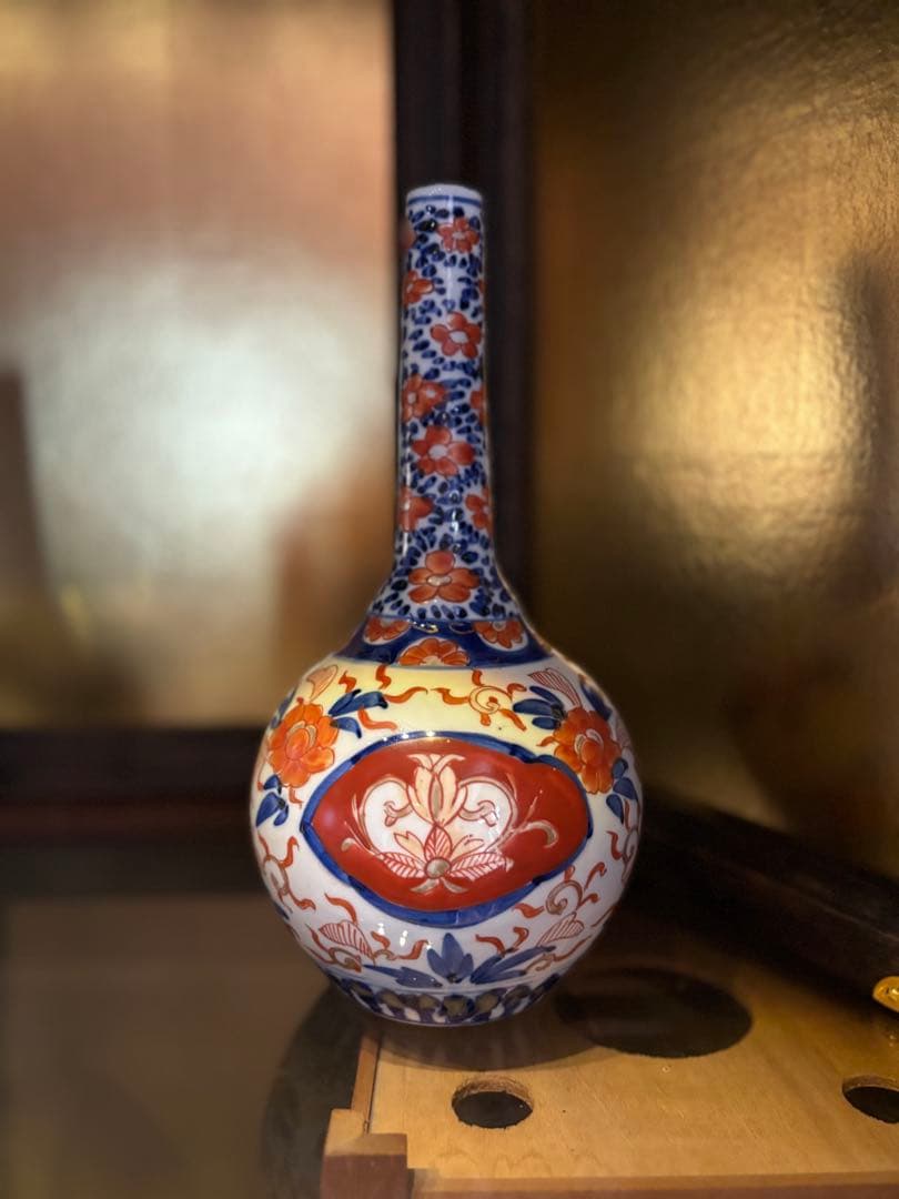 古伊万里　色絵　鶴首　赤絵草花図　徳利　花入　花器 花瓶 花生 古美術