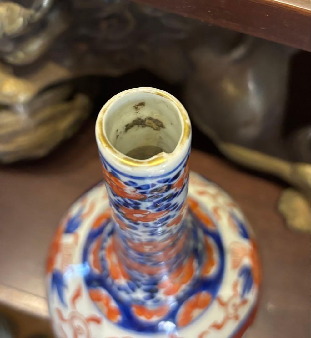 古伊万里　色絵　鶴首　赤絵草花図　徳利　花入　花器 花瓶 花生 古美術