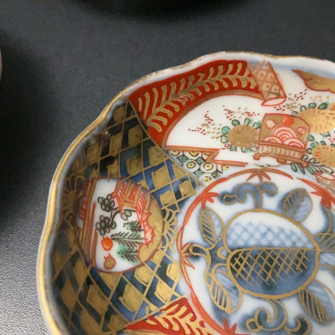 伊万里金襴手花に鳥籠図手塩皿3枚∅8㎝　骨董　古伊万里　通り文　R1357ダF