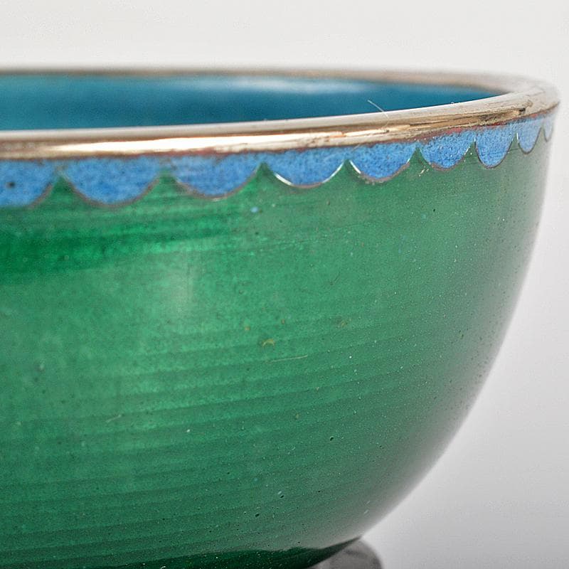 中国　古七宝　緑透釉　銀線象嵌　花蝶文　小鉢　唐木台付　M　R6842