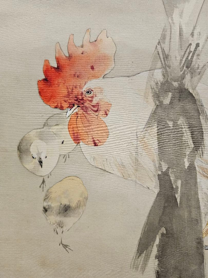 渡辺省亭 鶏図 花鳥画　菊池容斎師事 絹本 骨軸先