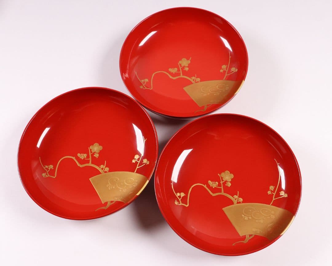 CK87 輪島塗 扇面四君子 金蒔絵 朱塗椀 三客 木製漆器 / 茶懐石 菓子椀