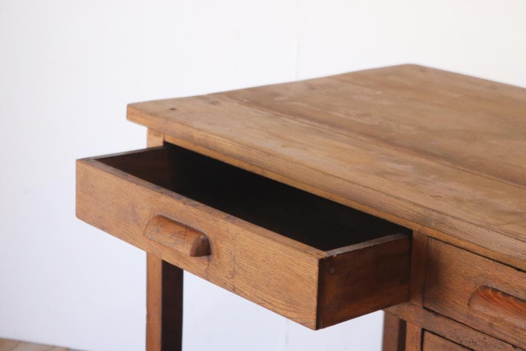 レトロ 片袖デスク 机 書斎 作業台 引き出し 抽斗 5杯 木製 古道具