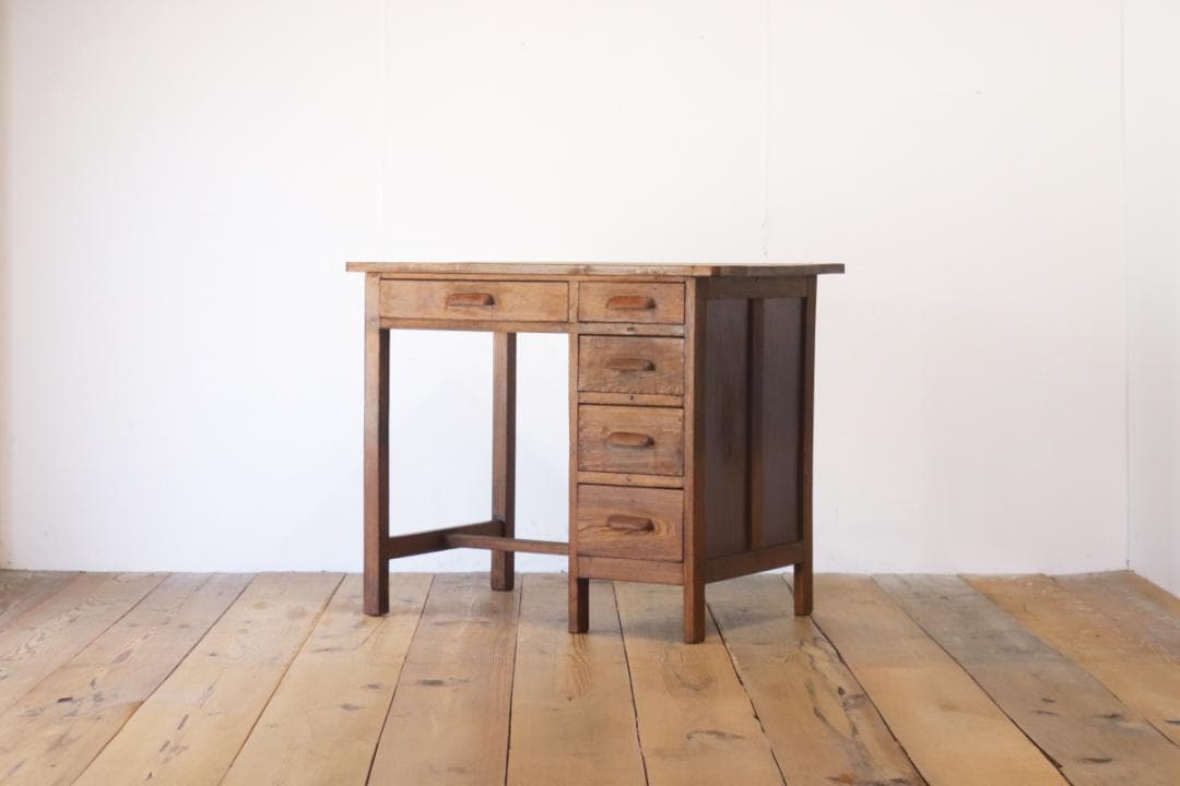 レトロ 片袖デスク 机 書斎 作業台 引き出し 抽斗 5杯 木製 古道具