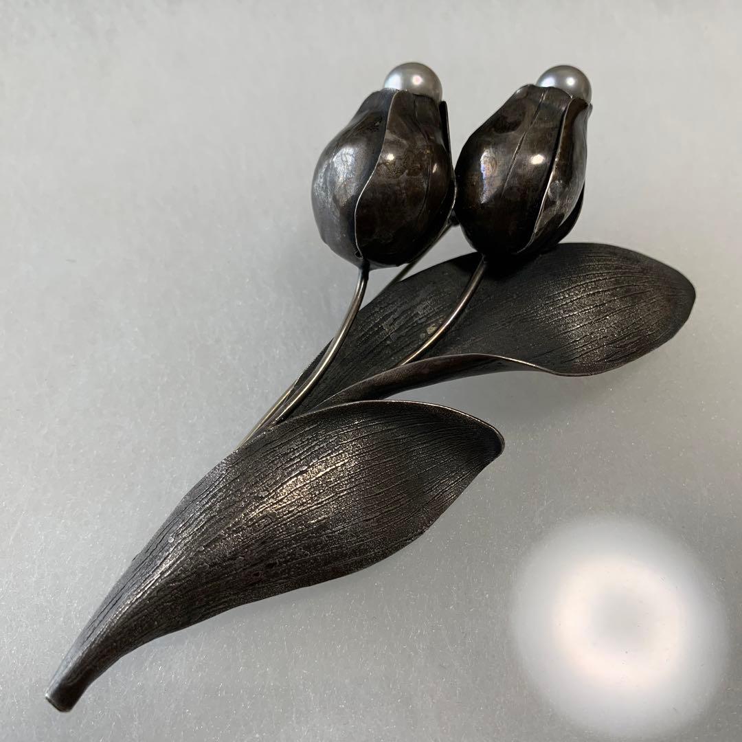 紘　作家銘入り　パール シルバーブローチ 花