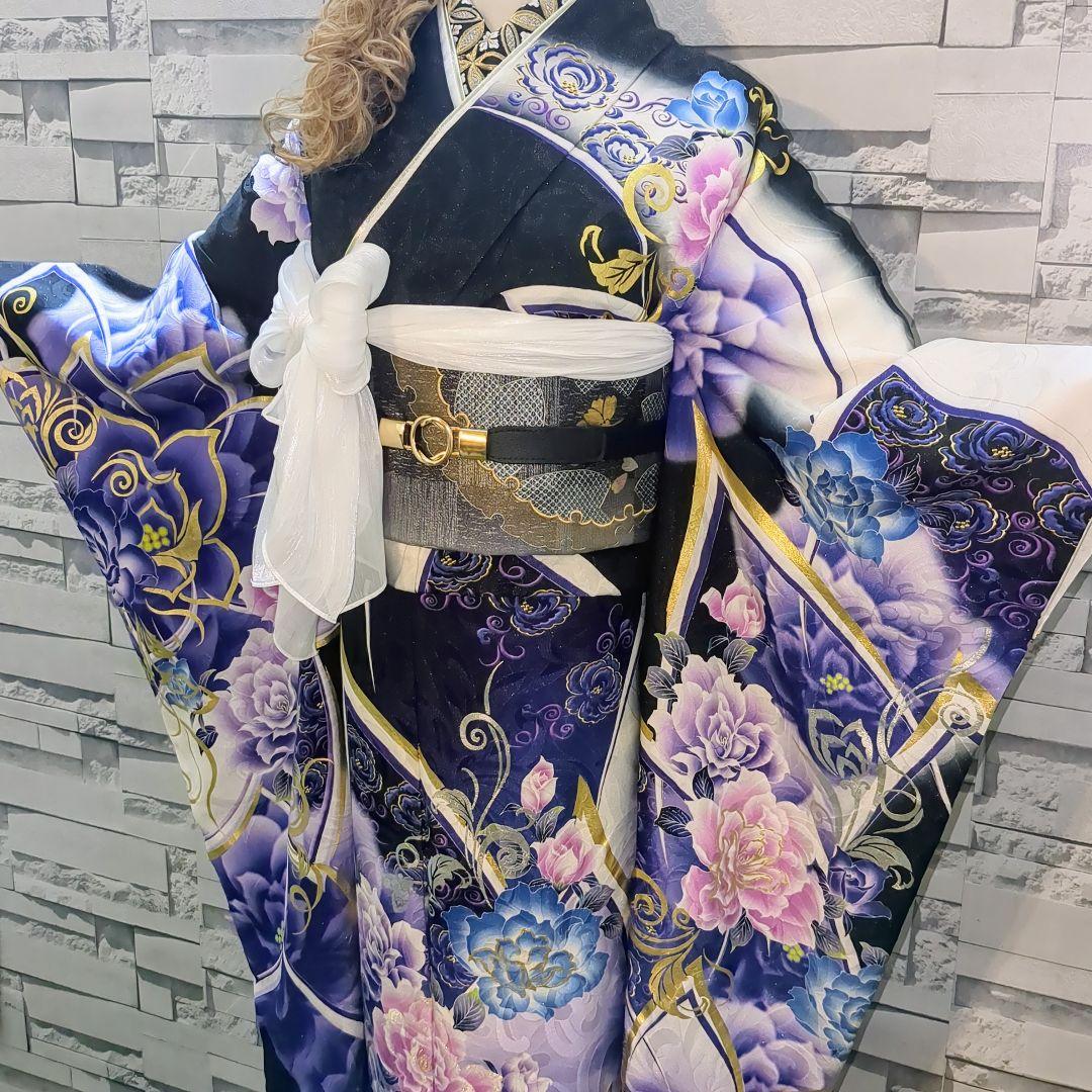 振袖セット 振袖フルセット 正絹振袖 駒刺繍 薔薇 銀通し 金銀系 黒紫青 66