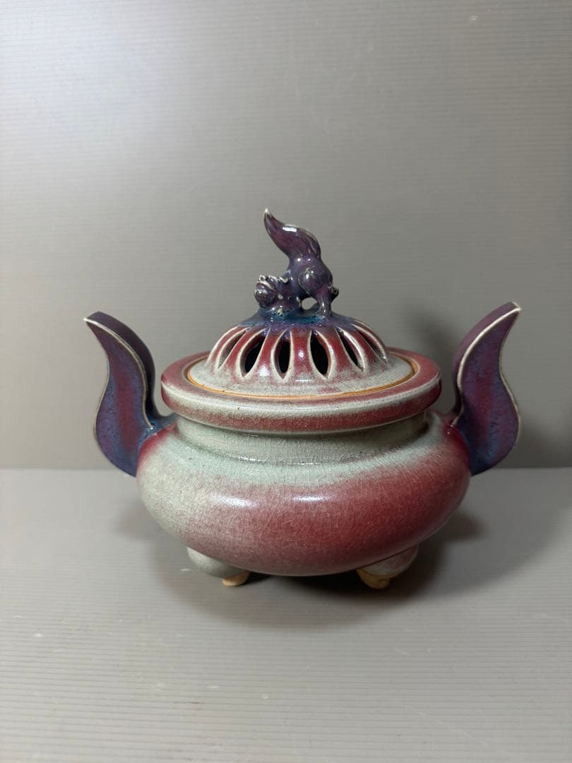 2183 香春焼 辰砂　獅子香炉