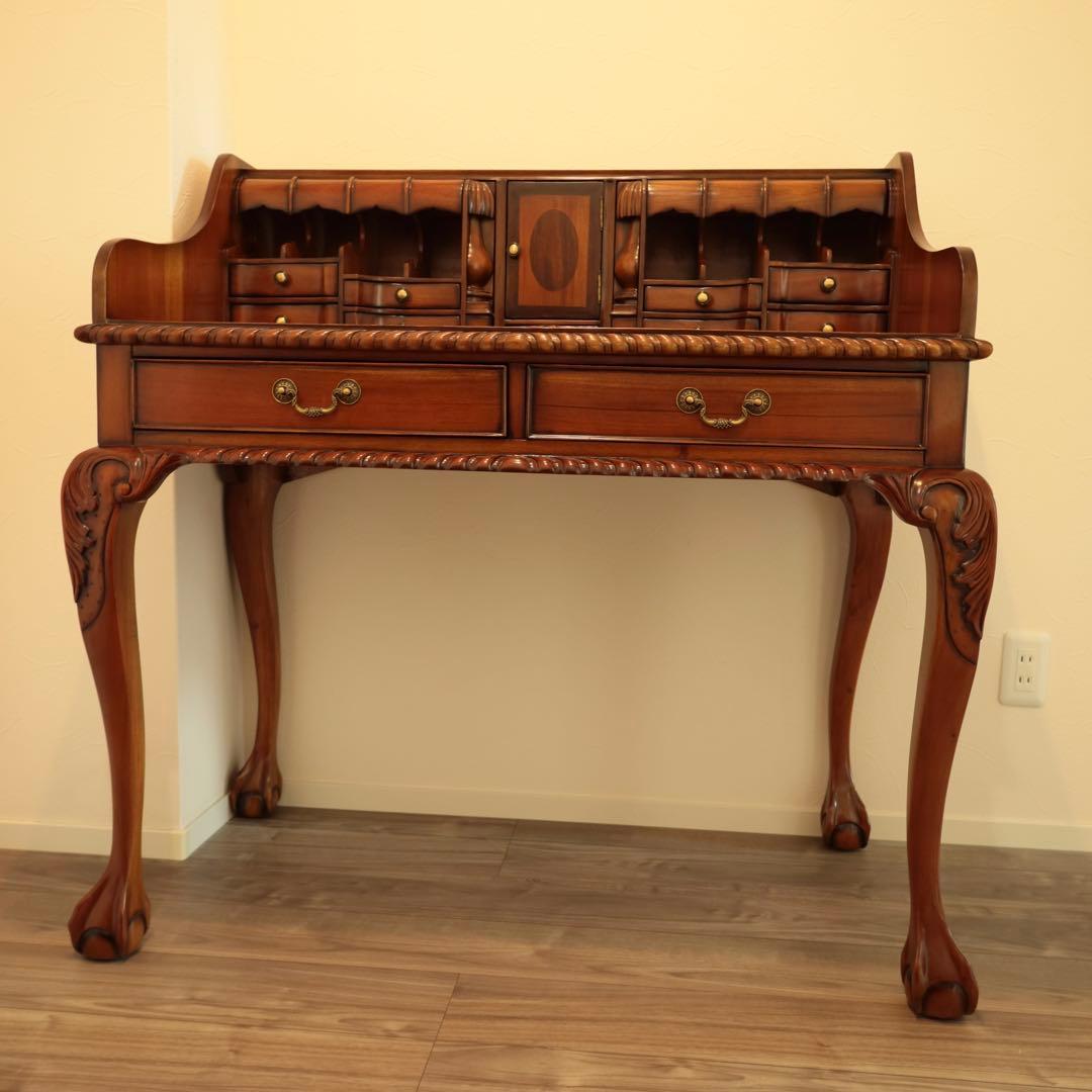 高級マホガニー家具 チッペンデール アンティークデスク 猫脚 書斎机 送料無料