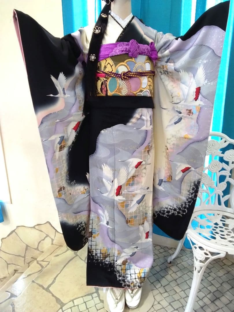 振袖フルセット、正絹古典柄成人式、重ね衿帯揚げ帯締め、西陣袋帯襦袢