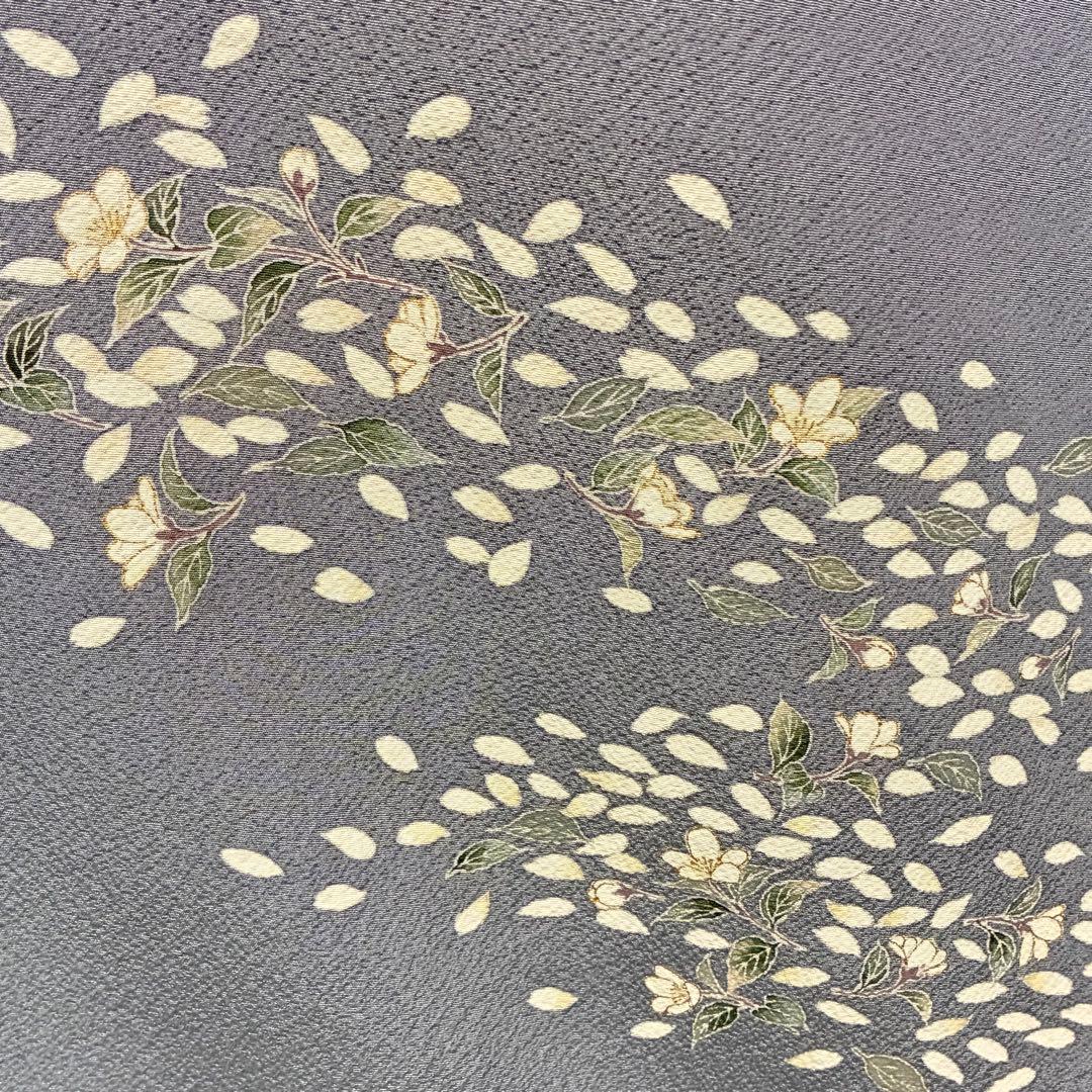 D81 訪問着 桜 手描き グレー ちりめん 縫い紋 正絹 着物 袷 極美品