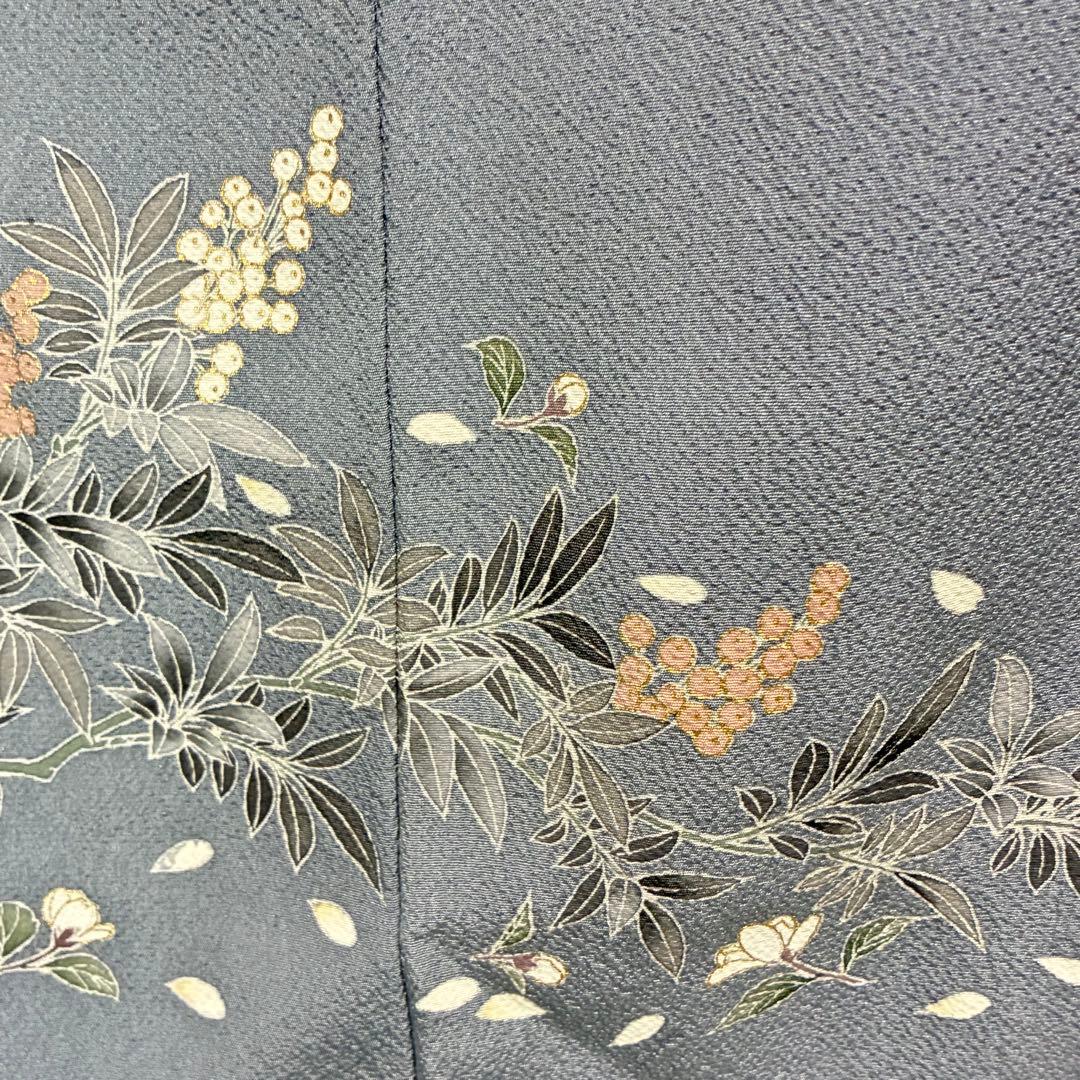 D81 訪問着 桜 手描き グレー ちりめん 縫い紋 正絹 着物 袷 極美品