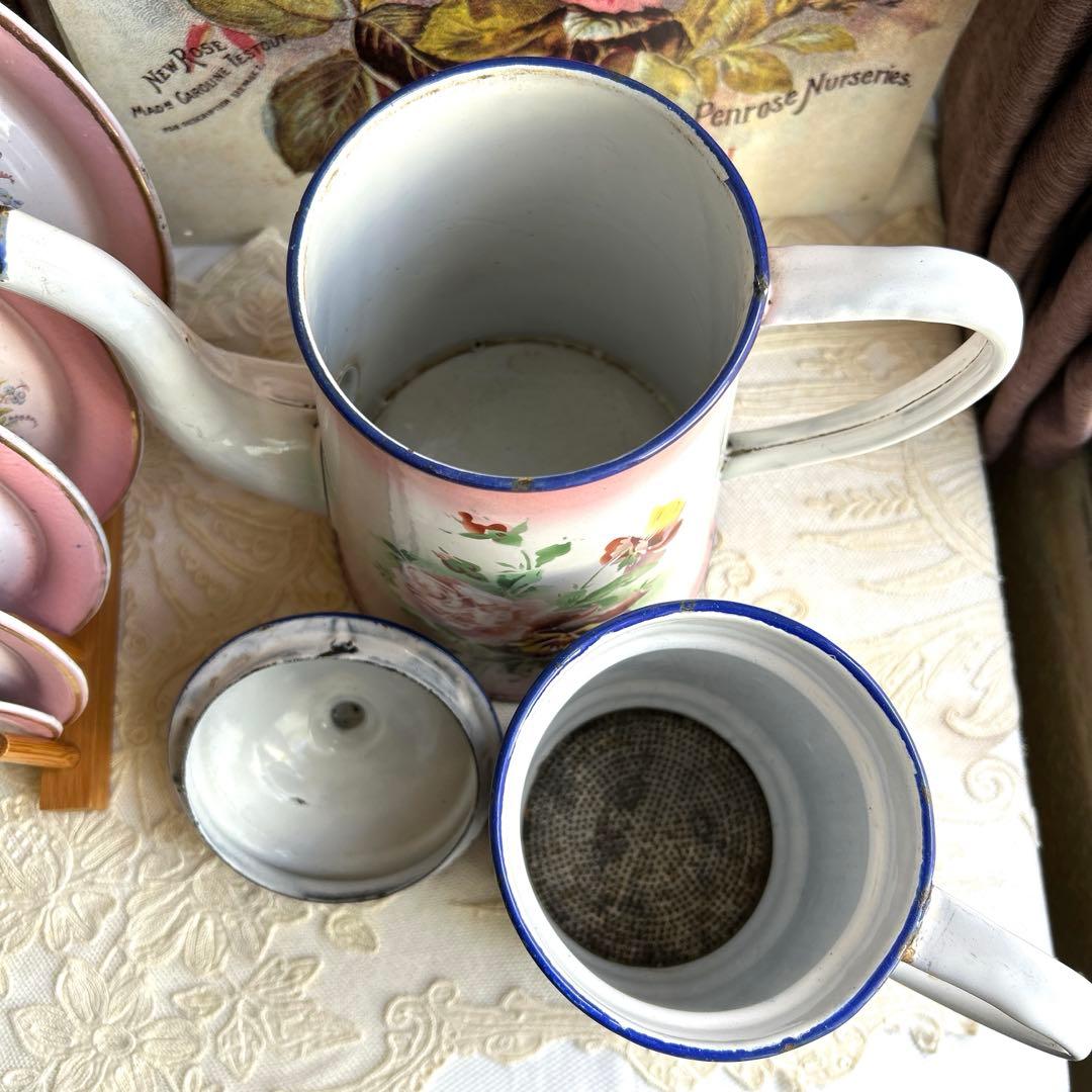 フランスアンティーク　Pink japy ホーローポット