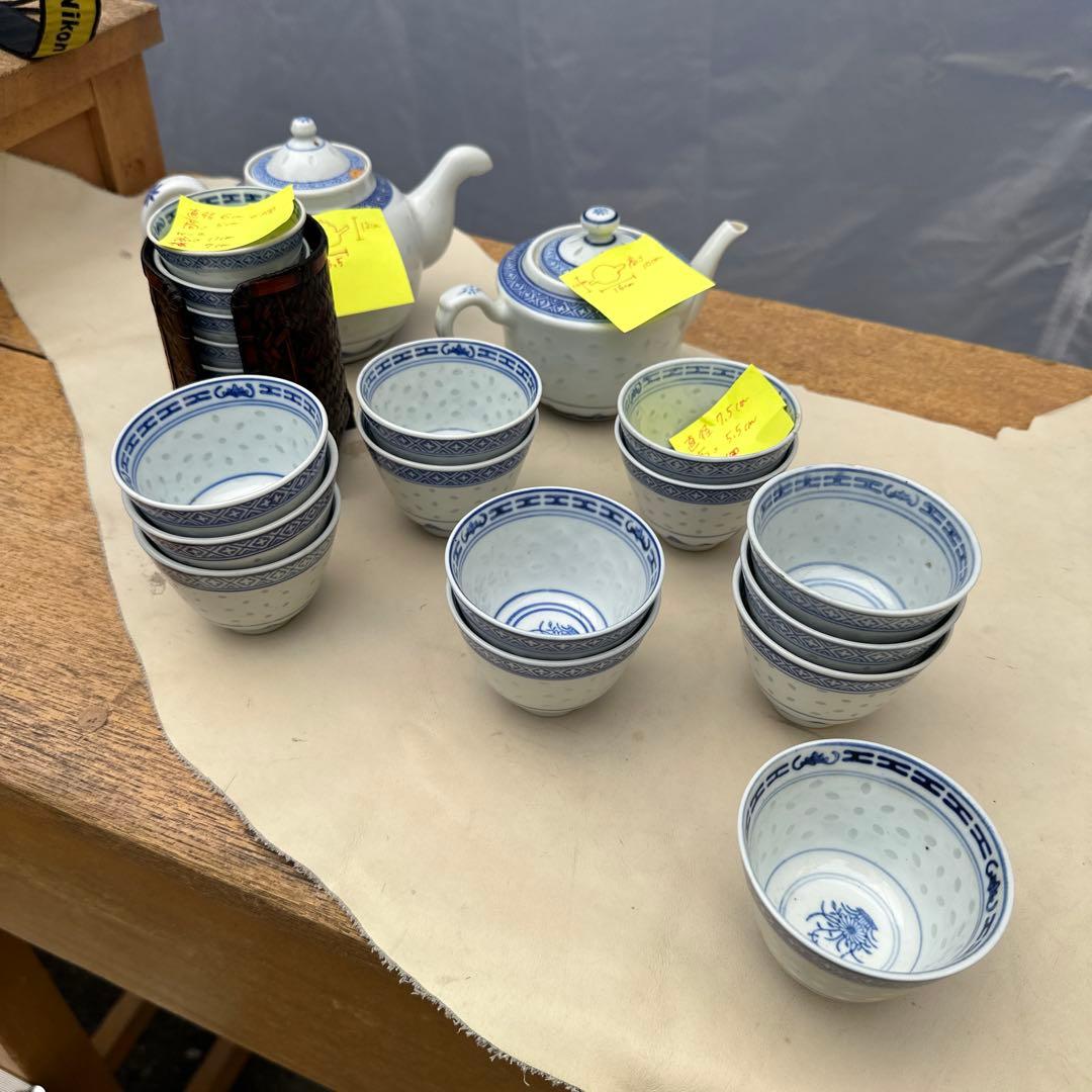 景徳鎮製大量まとめ　青花茶器セット ポット2点 湯呑19客 中国茶器 煎茶道具