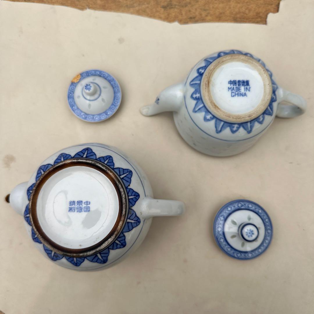 景徳鎮製大量まとめ　青花茶器セット ポット2点 湯呑19客 中国茶器 煎茶道具