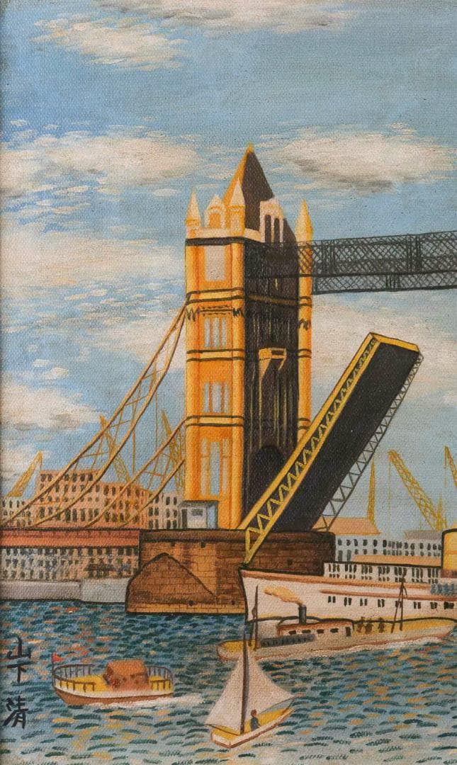 山下清　油彩　肉筆『ロンドンのタワーブリッジ』表と裏サイン　F8号　額装　z67