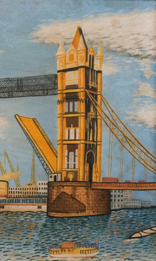 山下清　油彩　肉筆『ロンドンのタワーブリッジ』表と裏サイン　F8号　額装　z67