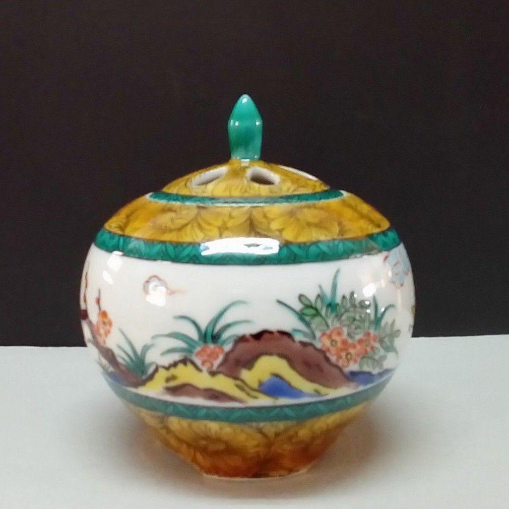 九谷焼 香炉 古九谷風花鳥 田中柚伎作 未使用