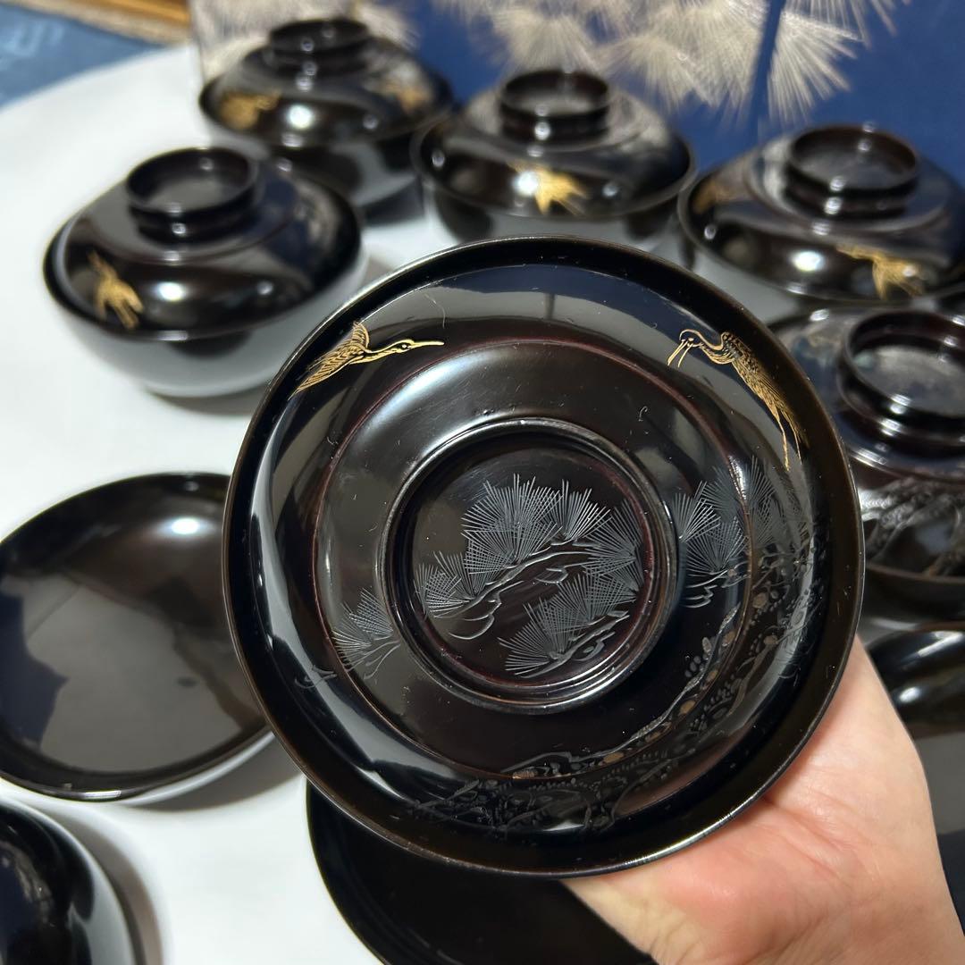 輪島塗　蒔絵　漆器 吸物椀 多用椀 松竹梅　金色鶴彫刻 10個セット