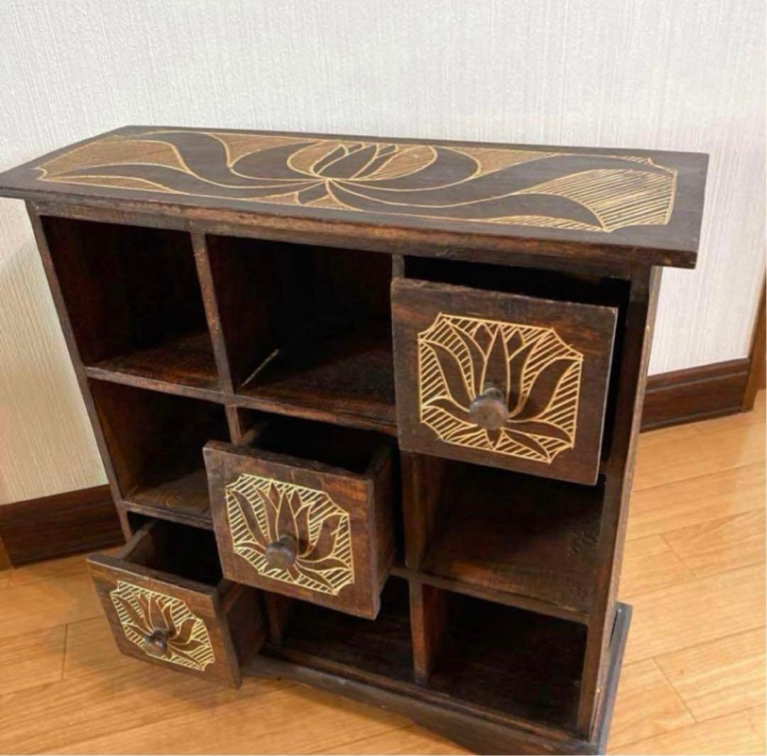 レトロアンティーク家具アジアン家具ディスプレイ棚木製家具ロータス蓮の花手彫り彫刻