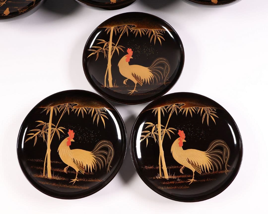 【CM353】時代蒔絵椀 竹に鶏金蒔絵 平椀三客 木製 /(検) 輪島塗加賀能登