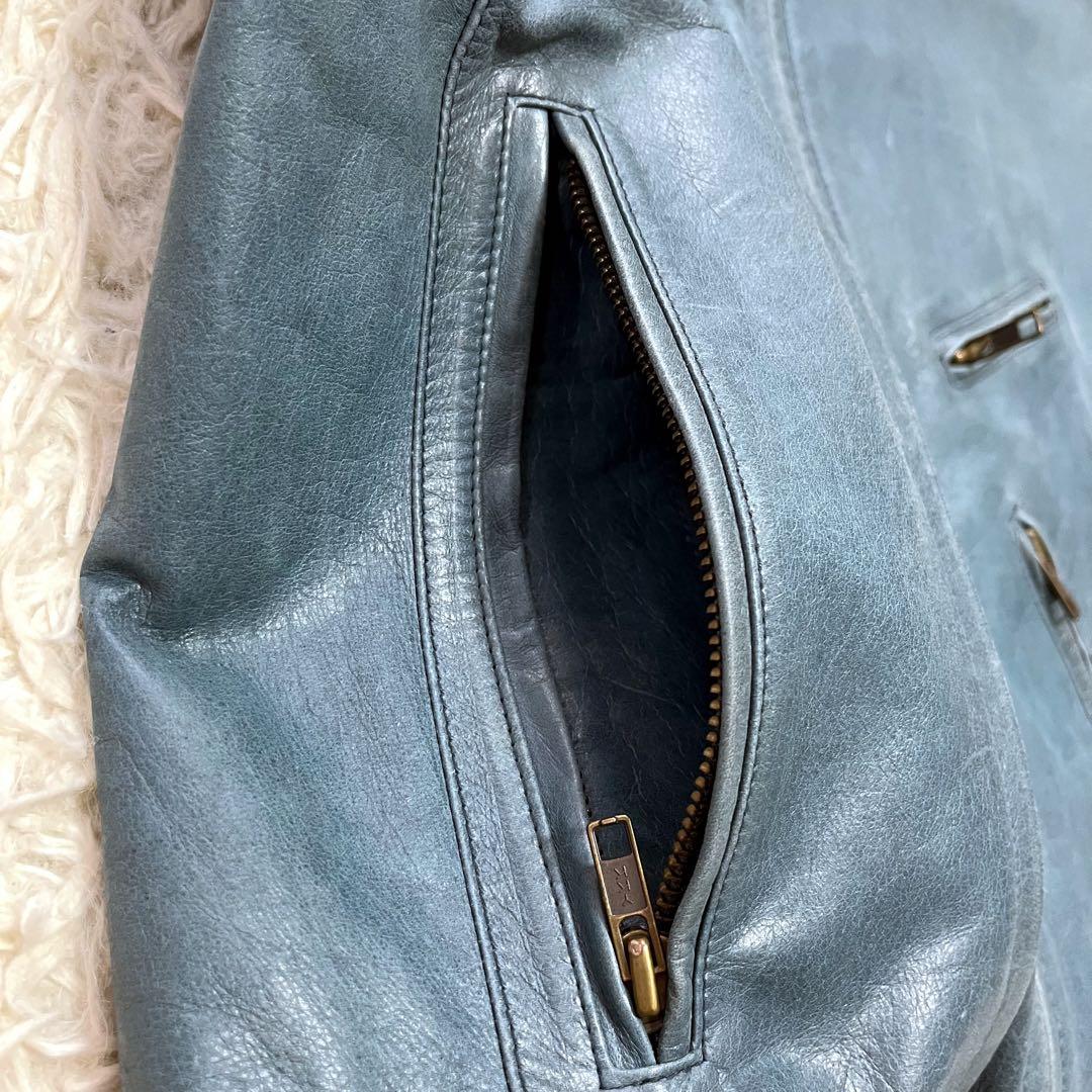 希少カラー✨DKNY 牛革レザージャケット　ライダース　シングル　ライトブルーL