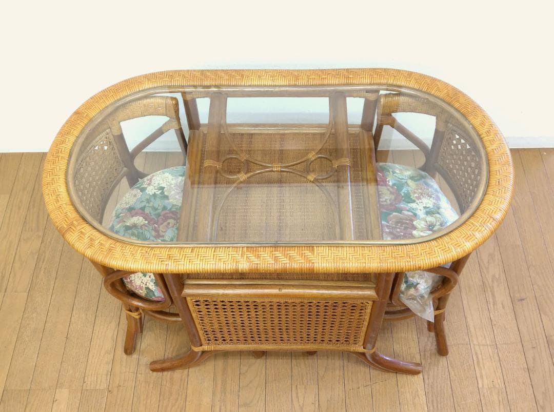 美品 籐家具 ラタン ダイニングテーブル サイドテーブル チェア ３点セット