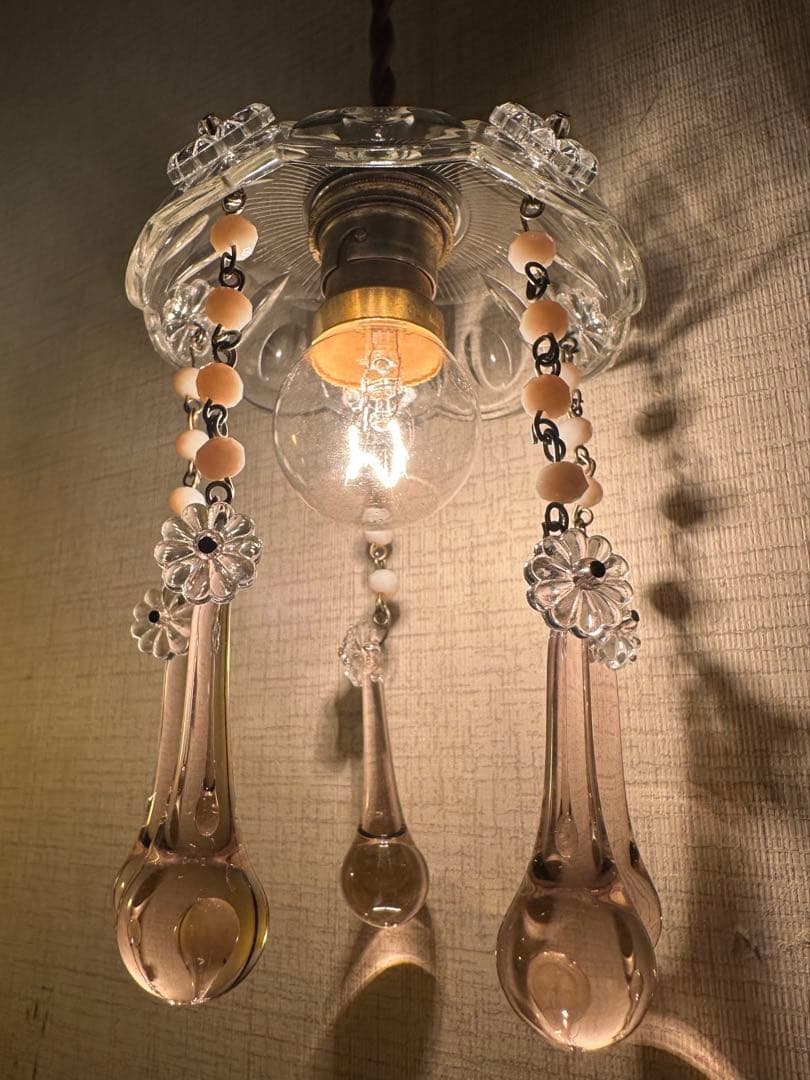 20's フランス アンティーク ピンクムラーノガラスの可愛いミニシャンデリア＊