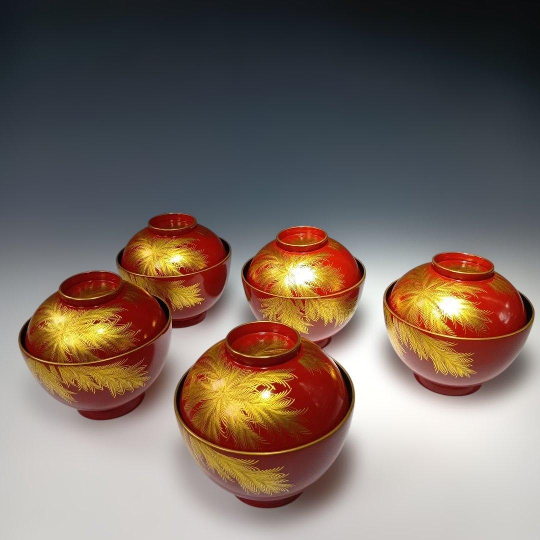 輪島塗　蒔絵沈金塗　吸物椀五客　共箱　 美品