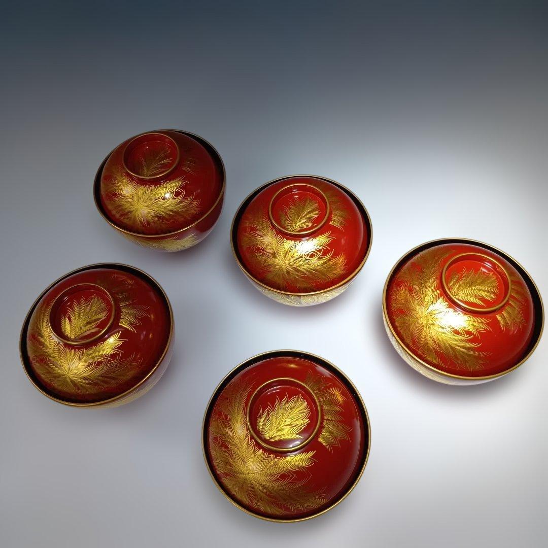 輪島塗　蒔絵沈金塗　吸物椀五客　共箱　 美品