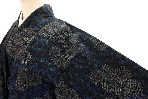 未使用品 本場大島紬 紬 アンサンブル ネイビー 枝花 身丈153.0cm 正絹