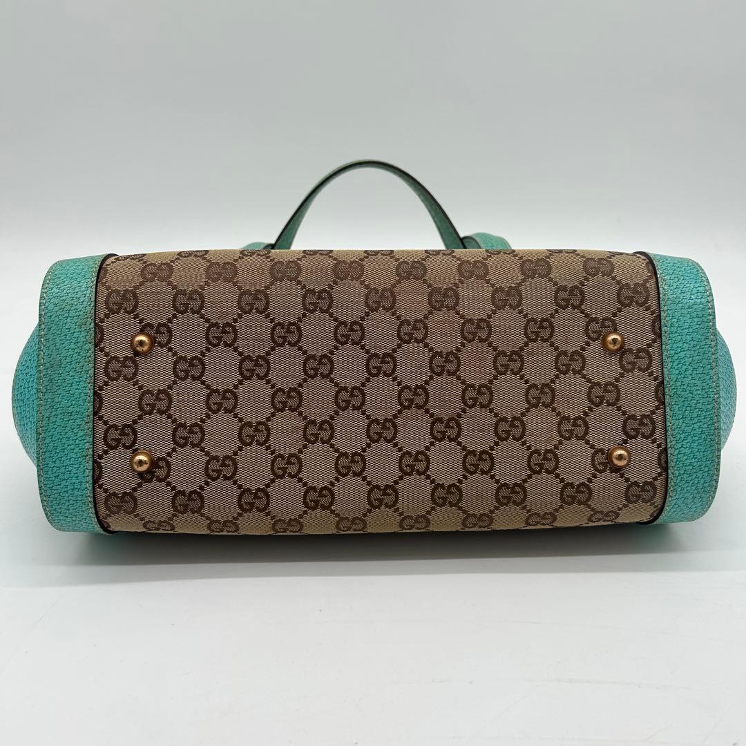 【美品】グッチ バンブー ショルダーバッグ GGキャンバス レザー ターコイズ