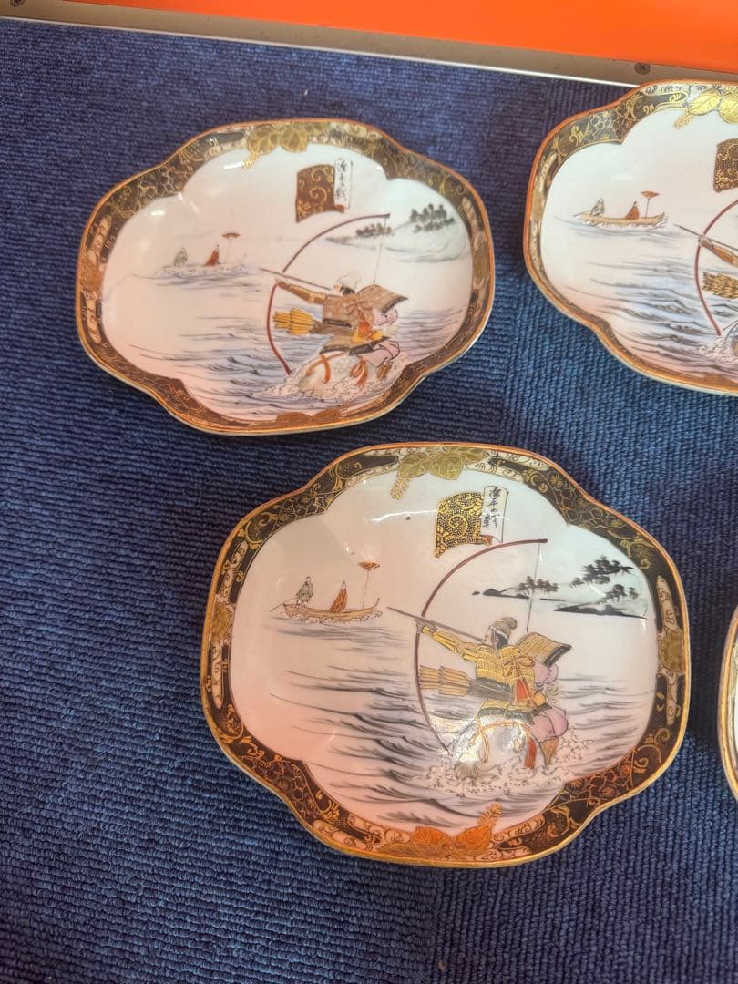 1819  明治時代　九谷焼　細密絵付人物山水図　菱形皿　5客　時代物