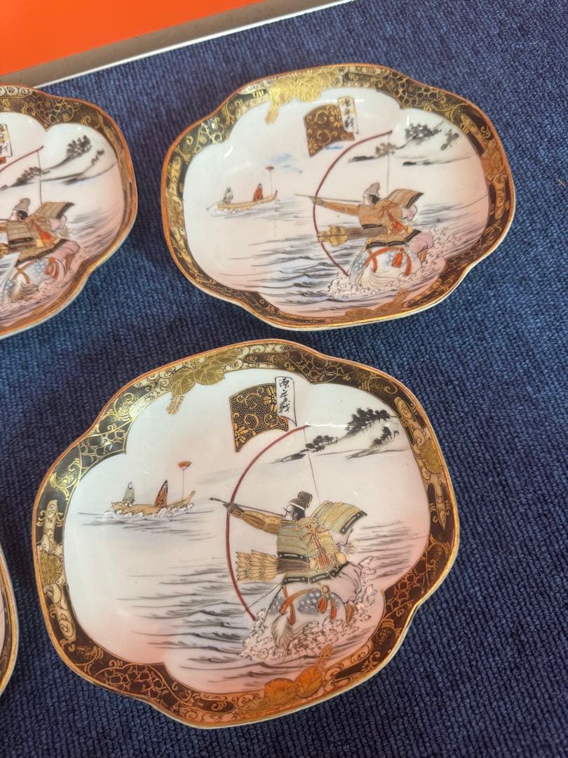 1819  明治時代　九谷焼　細密絵付人物山水図　菱形皿　5客　時代物