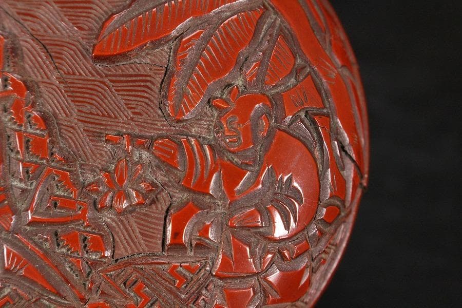 中国美術 堆朱 刻 林行唐子図 香合 蓋物 旧家蔵出