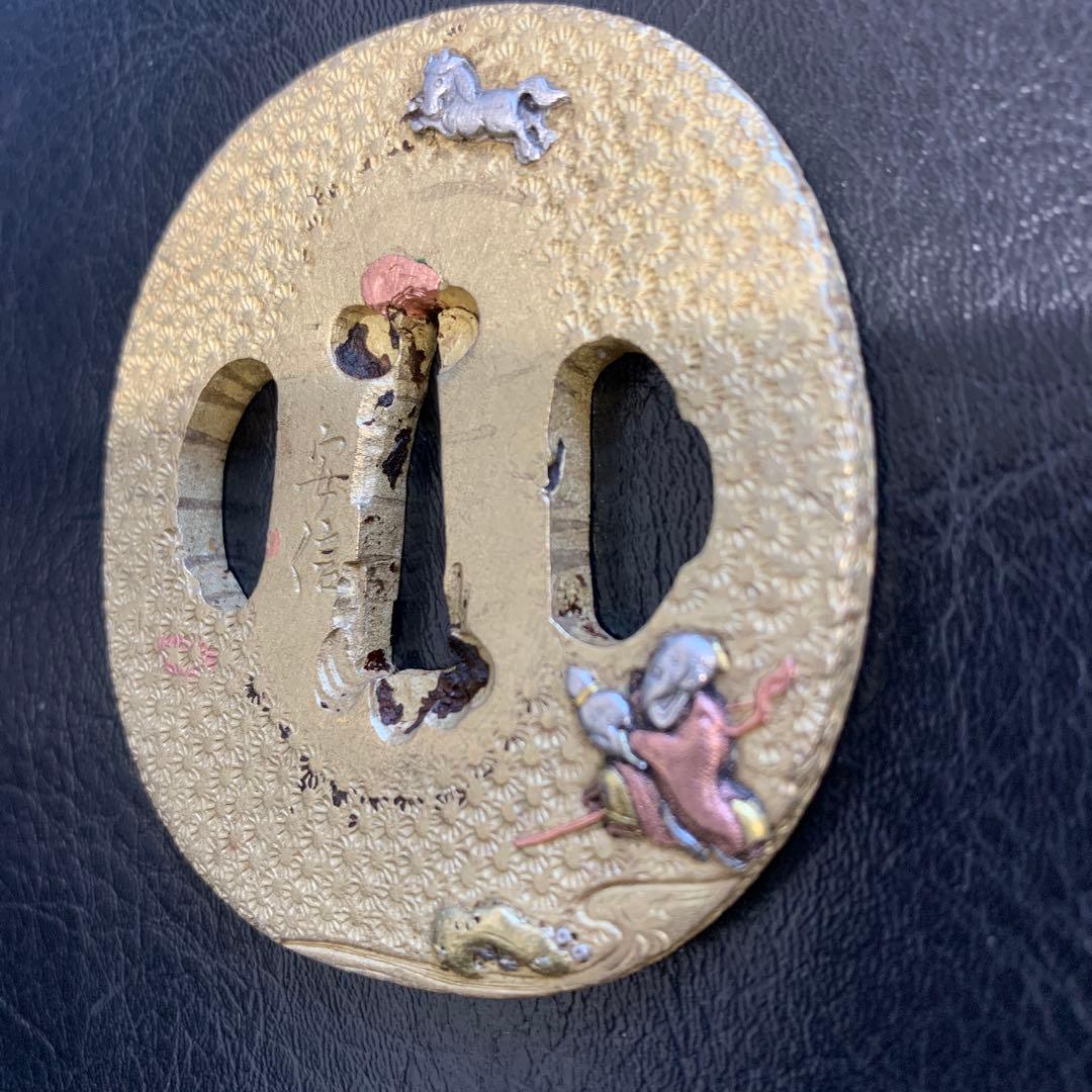 鍔　材質唐金　真鍮製　時代物　在銘　安信作