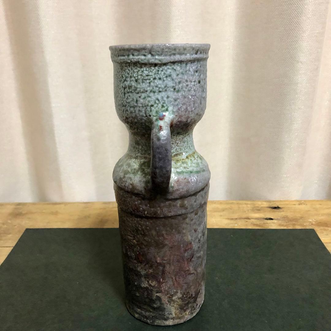 佐久知炎仙 秘色南蛮花器 茶道具 共箱 耳付花入