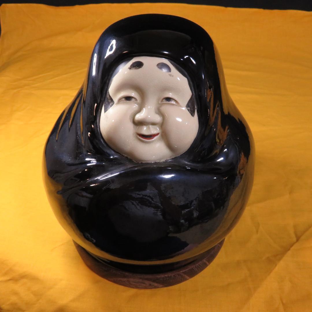 炭斗 陶器 おかめ お福 茶道具 茶器 木製台付き