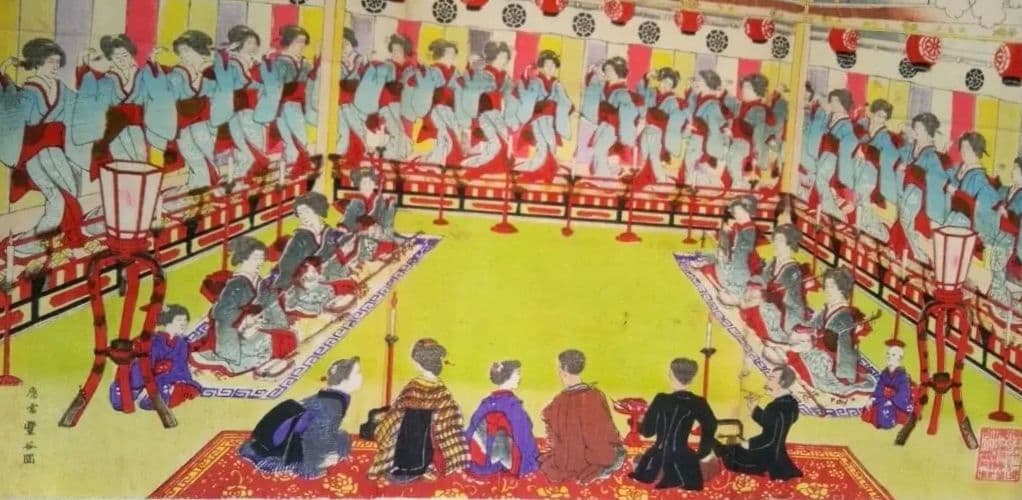 浮世絵、伊勢古市踊之圖(備前屋櫻花樓）喜多村豊谷画(三重県の画家明治26年亡)