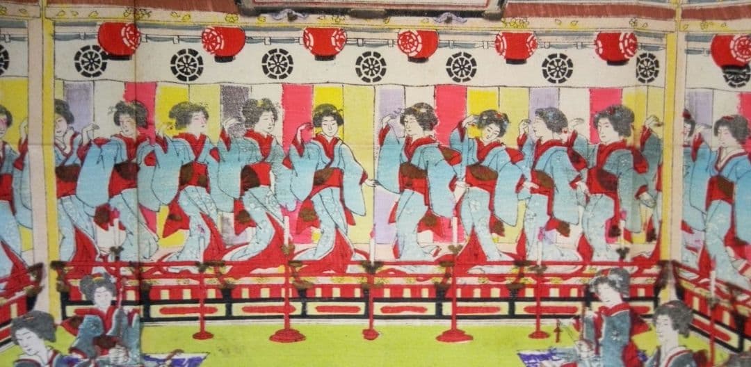 浮世絵、伊勢古市踊之圖(備前屋櫻花樓）喜多村豊谷画(三重県の画家明治26年亡)