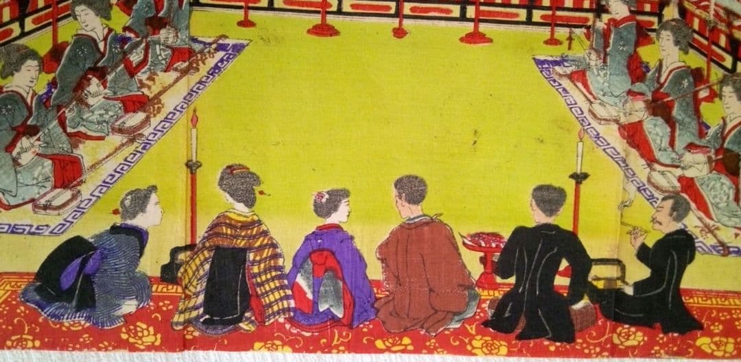 浮世絵、伊勢古市踊之圖(備前屋櫻花樓）喜多村豊谷画(三重県の画家明治26年亡)