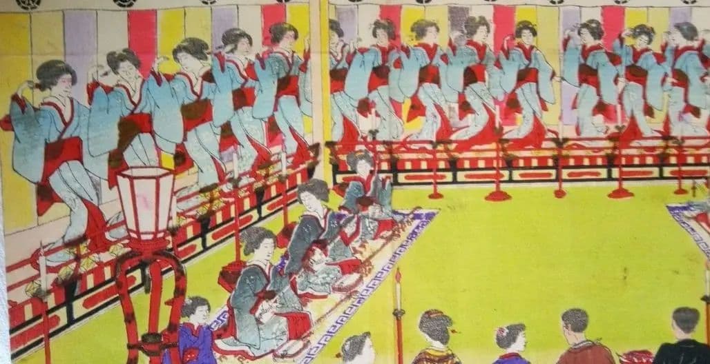浮世絵、伊勢古市踊之圖(備前屋櫻花樓）喜多村豊谷画(三重県の画家明治26年亡)