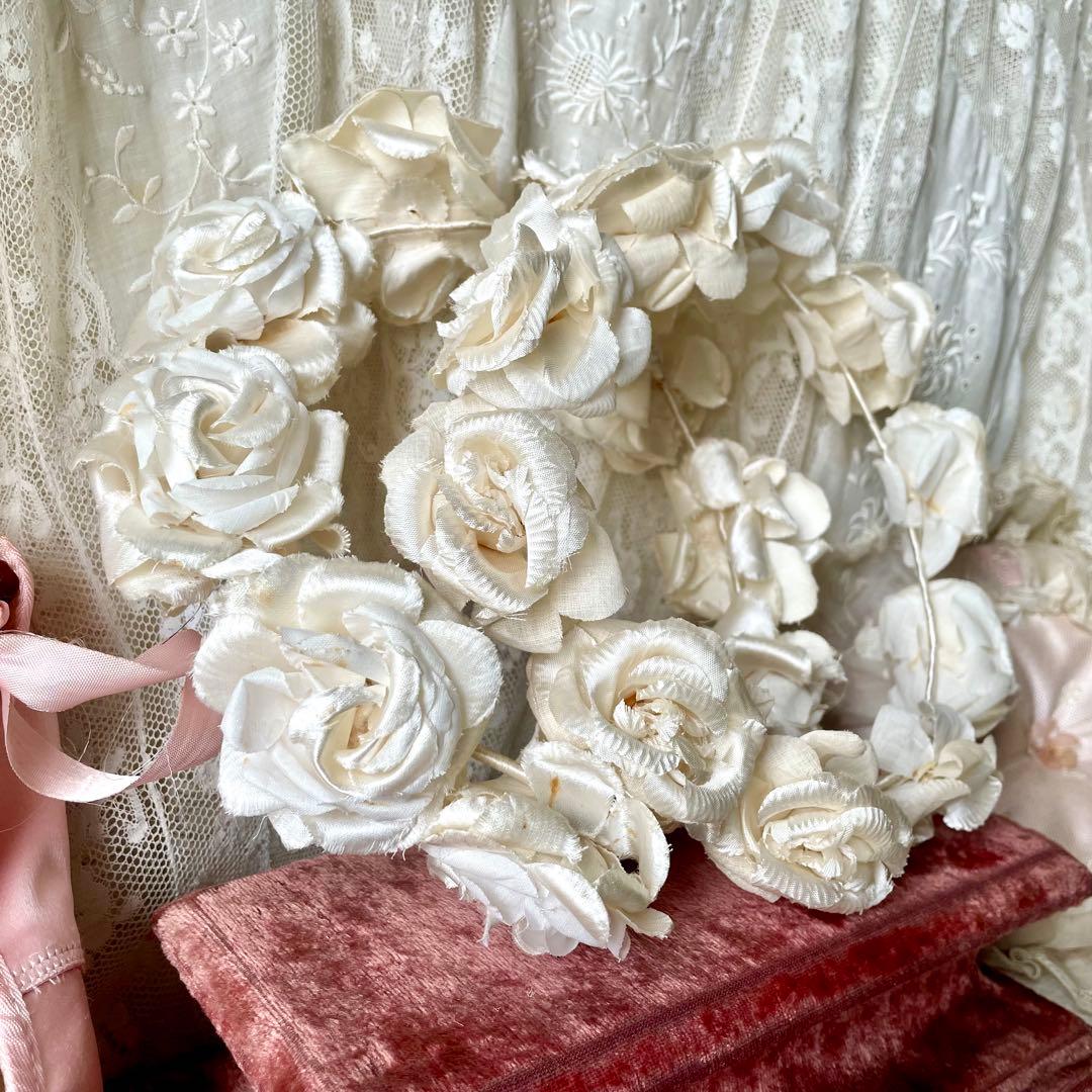 シルク布花ティアラ　布花冠　フランスアンティーク　グローブドマリエ　バラ