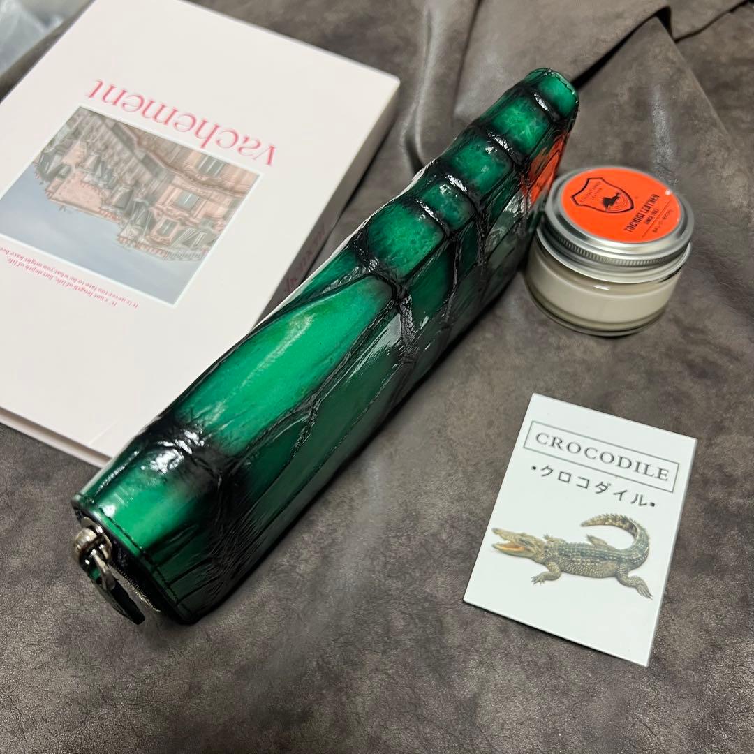 実物一枚革　クロコダイル　ラウンドファスナー 本革　手染め手作り　長財布　人気