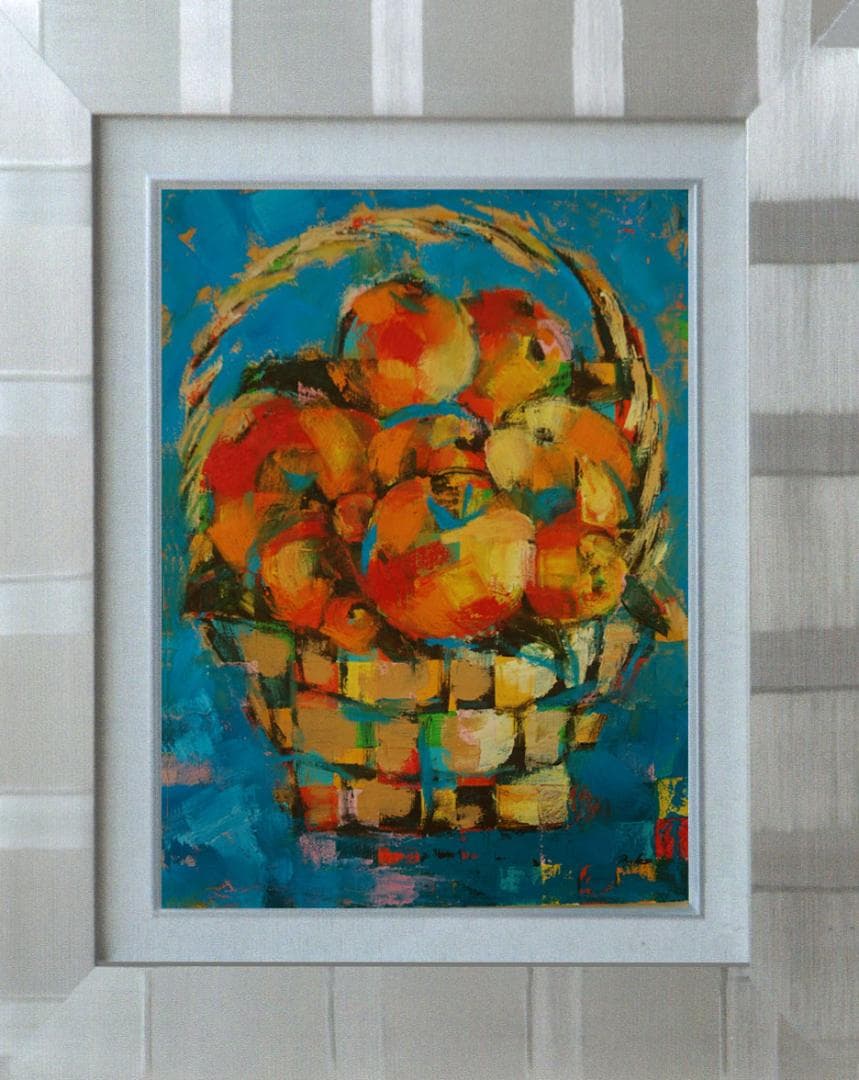 油絵 菅家令子 絵 絵画インテリア 額付(青緑＋金色の枠) uF6-051721