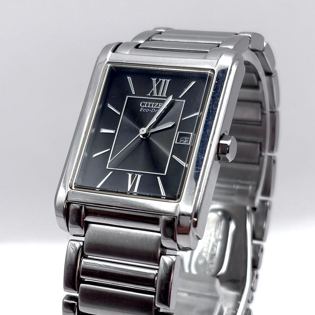 CITIZEN スクエア エコドライブ 黒文字盤 デイト メンズ 腕時計 稼働品
